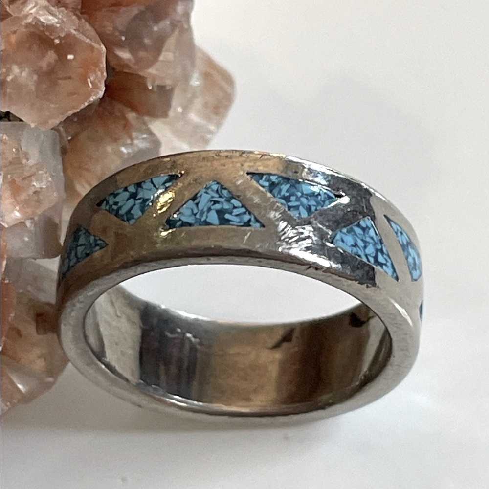 Native American Sterling Silver Chip Turquoise Inlay Band Ring Vintage